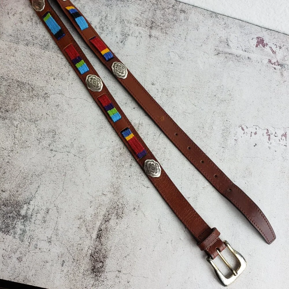 Vintage FOSSIL Leather Belt Bohemian Western Concho Embellished Embroidered sz L